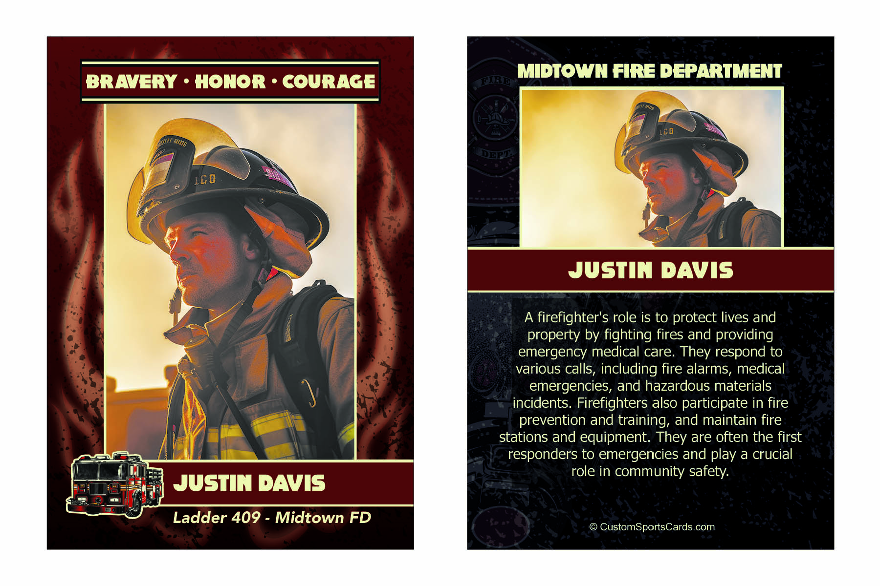 Custom firefighter trading card featuring a firefighter in uniform with department name, fire truck, and safety tips for community outreach