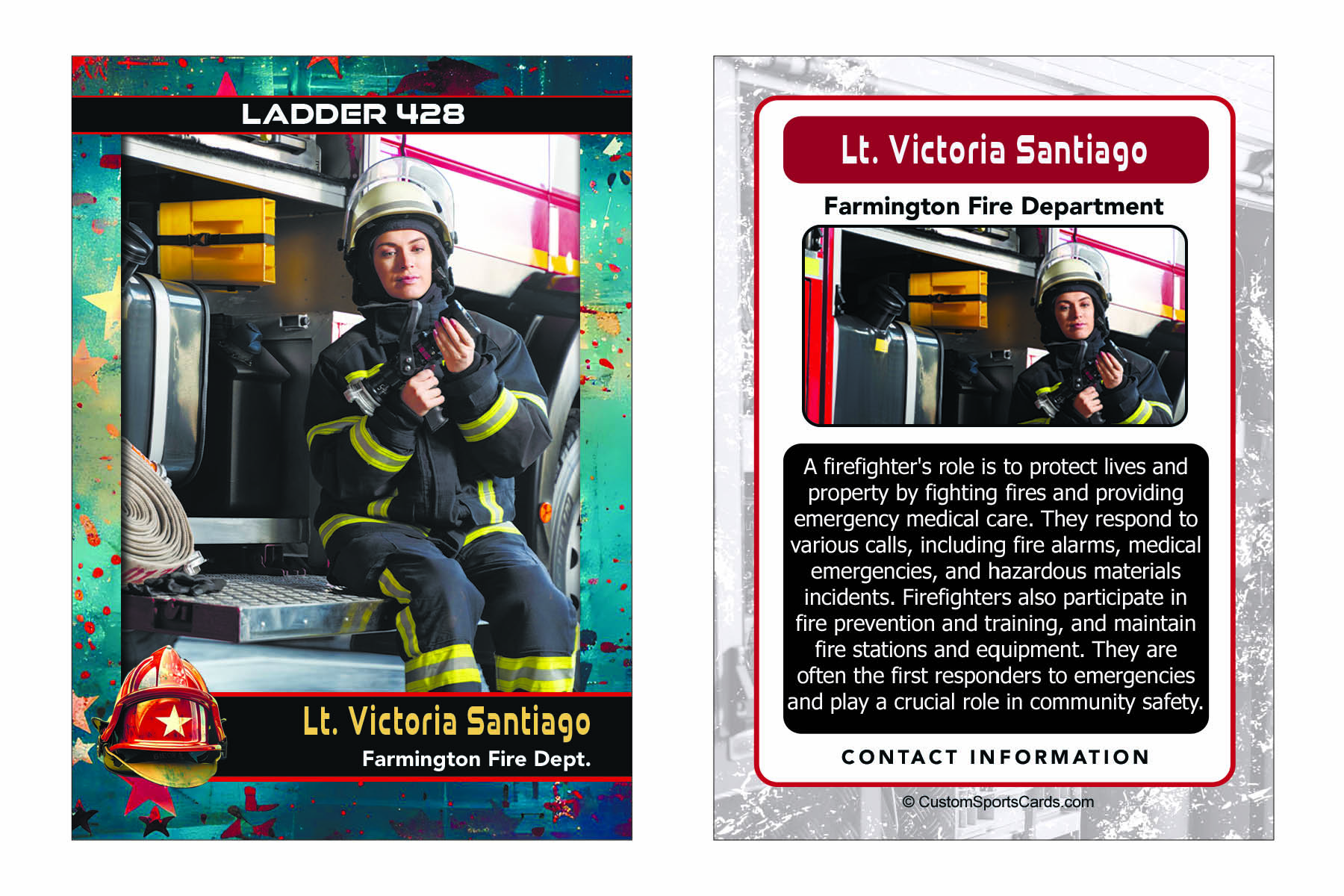 Custom firefighter trading card featuring a firefighter in uniform with department name, fire truck, and safety tips for community outreach