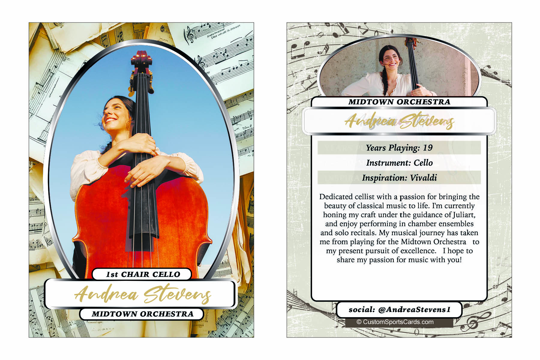Custom music trading card featuring a band member, DJ, or performer with photo, genre, and performance highlights