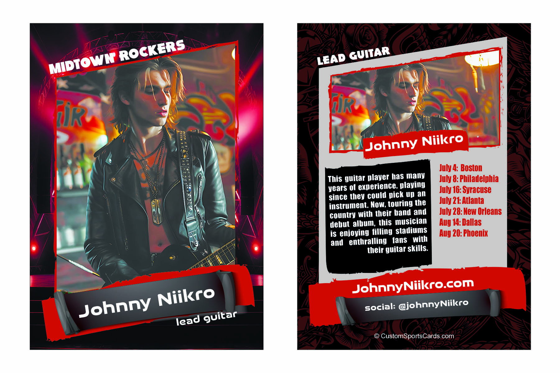 Custom music trading card featuring a band member, DJ, or performer with photo, genre, and performance highlights