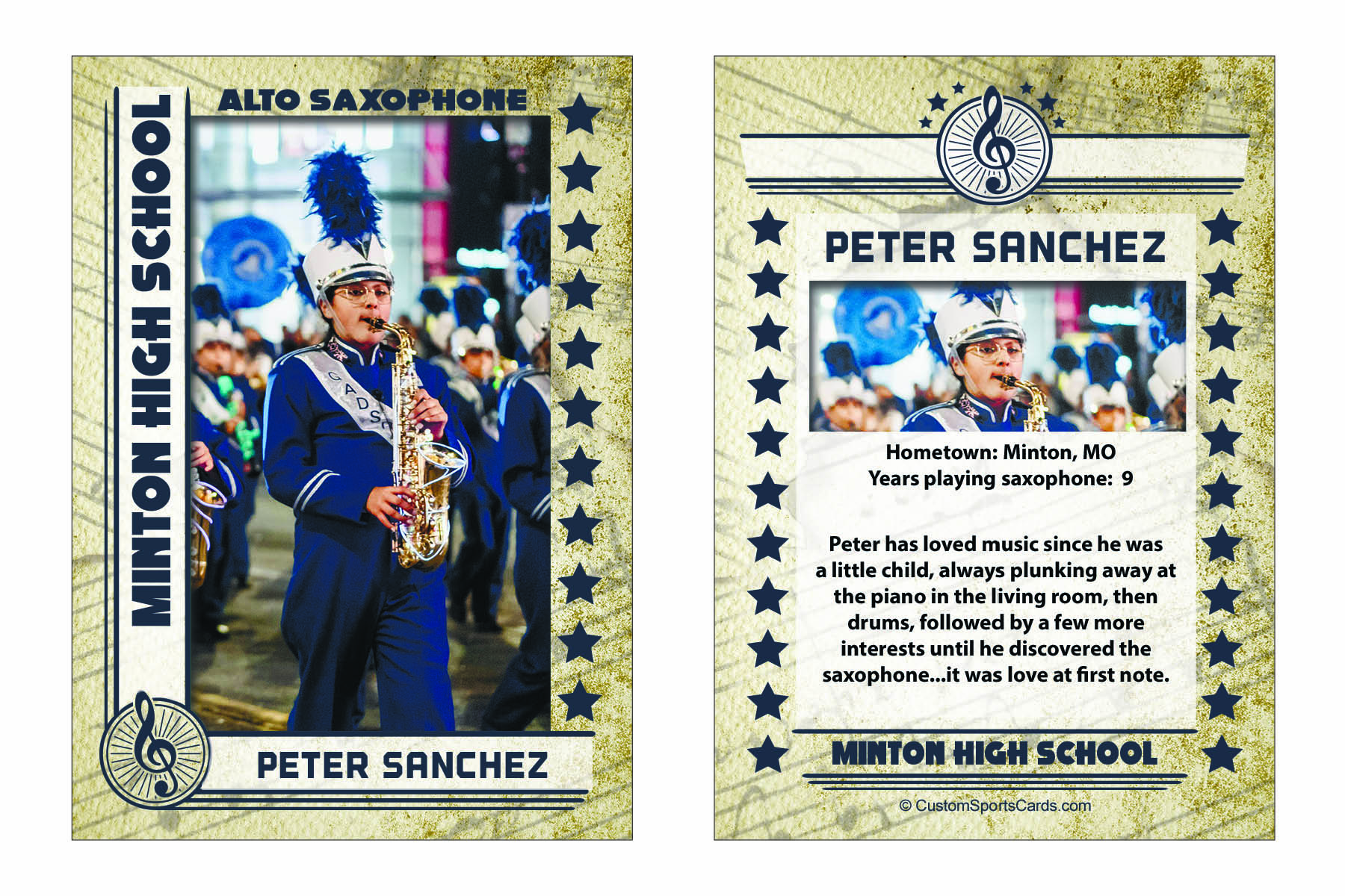 Custom music trading card featuring a band member, DJ, or performer with photo, genre, and performance highlights