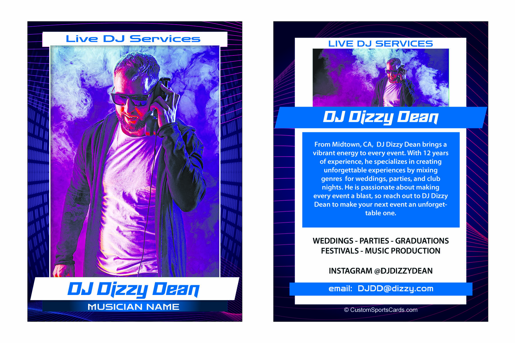 Custom music trading card featuring a band member, DJ, or performer with photo, genre, and performance highlights
