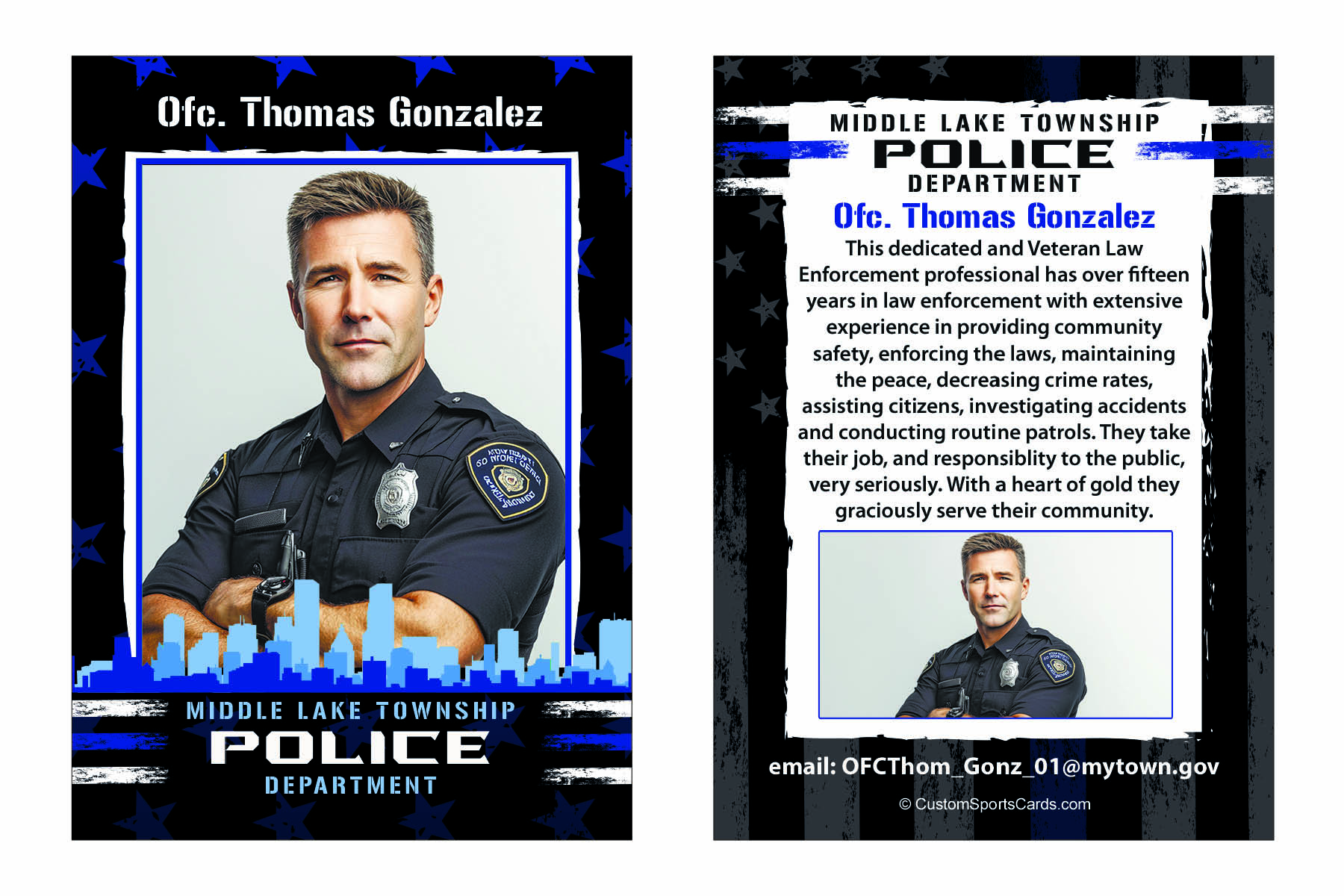 Custom police trading card featuring an officer, patrol vehicle, and safety tips for community education and outreach