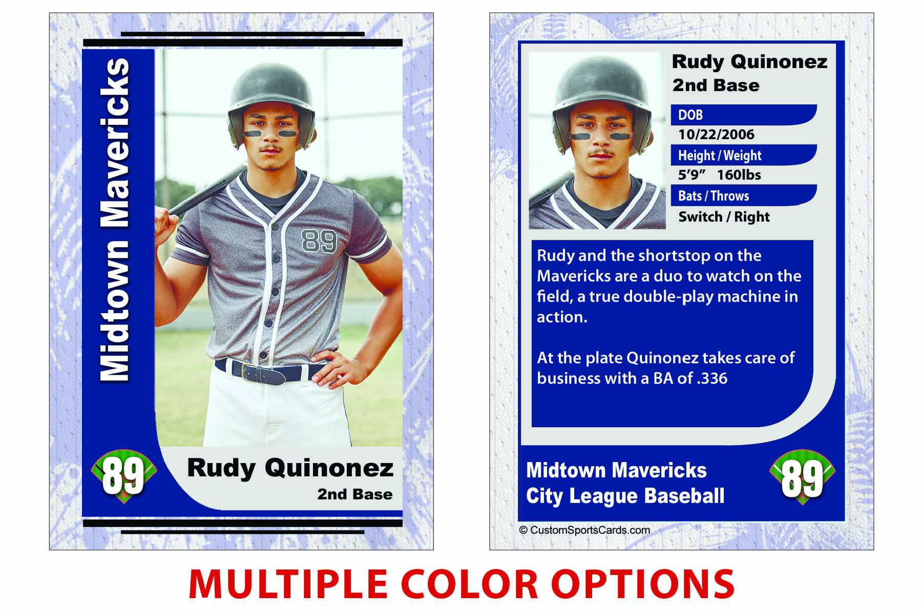 Custom baseball trading card featuring a youth player with photo, position, team name, and season stats for personalized sports memorabilia