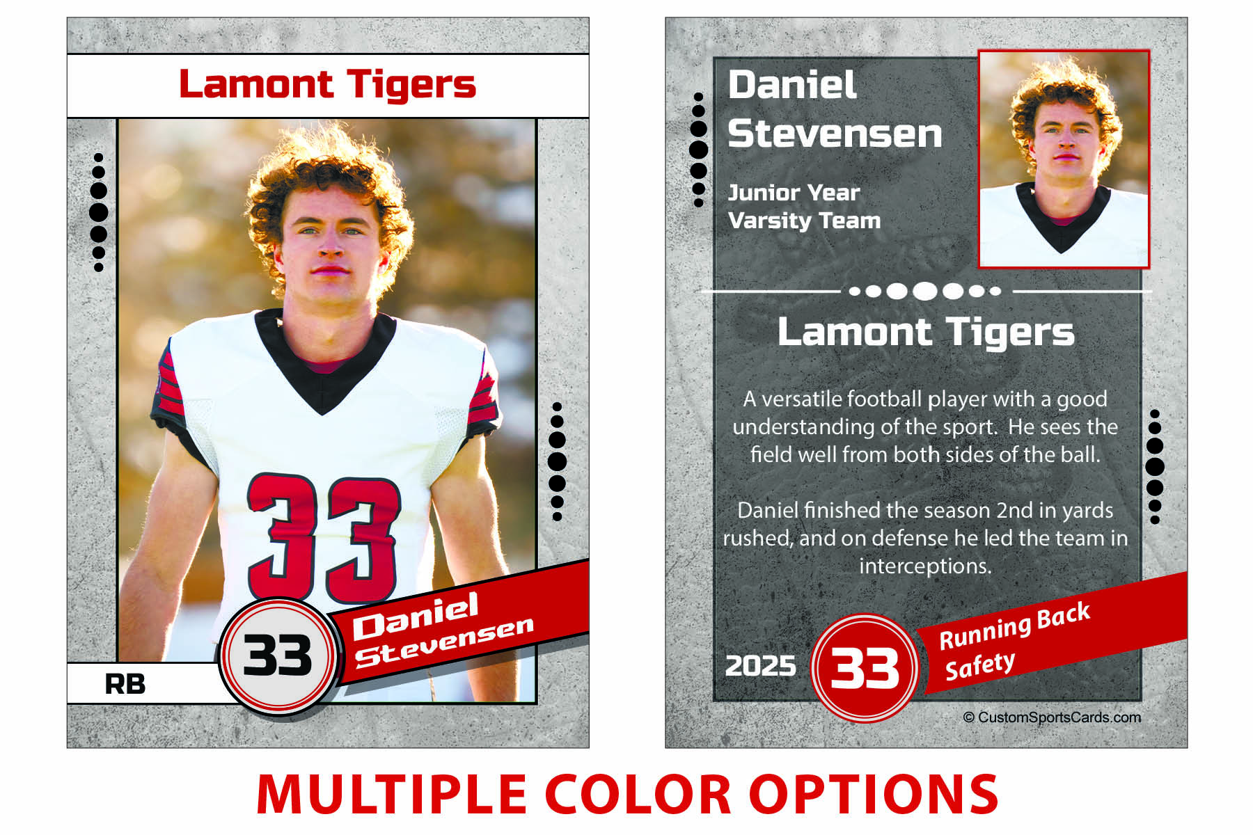 Custom Football trading card for high school football player.