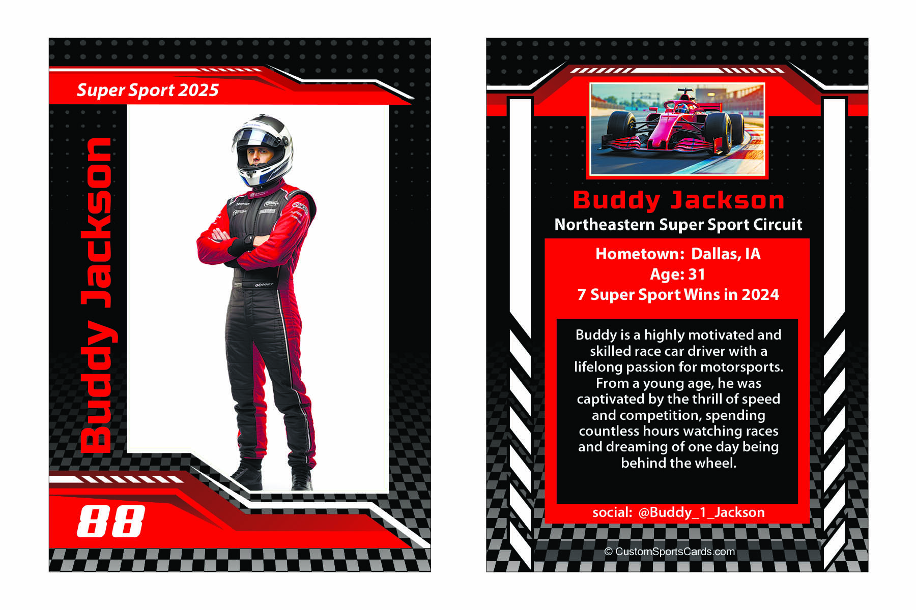 Custom race car hero card featuring a driver photo, racing statistics, sponsor logos, and bio for motorsport fan and sponsor promotion