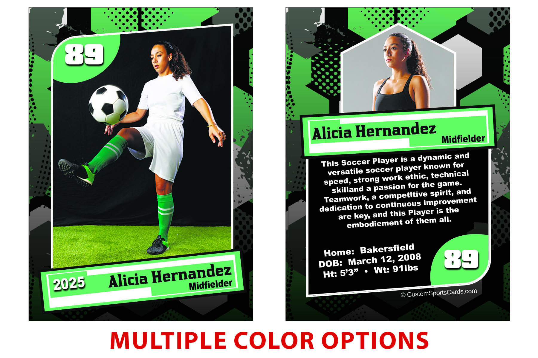Custom soccer trading card featuring a youth player with photo, team name, stats, and personalized highlights