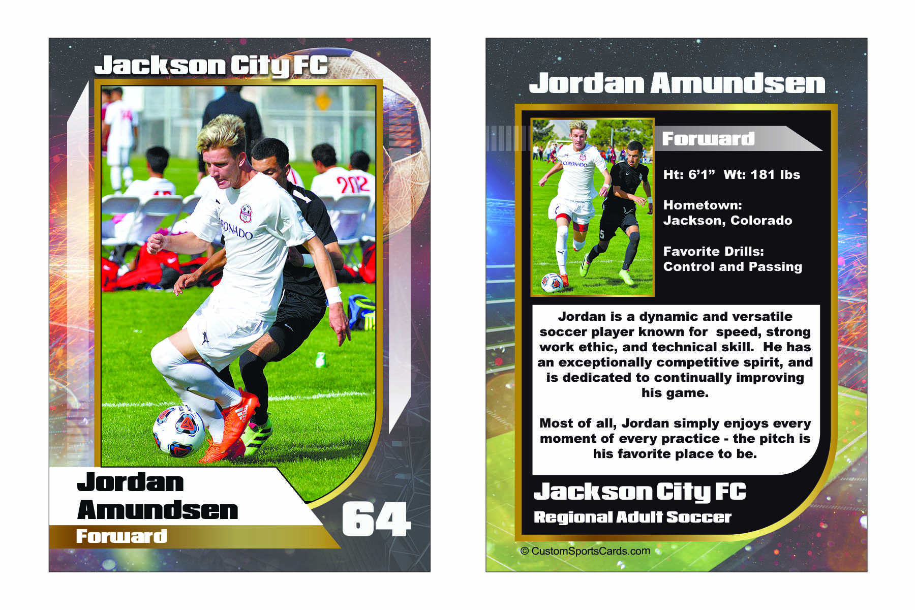 Custom soccer trading card featuring a youth player with photo, team name, stats, and personalized highlights