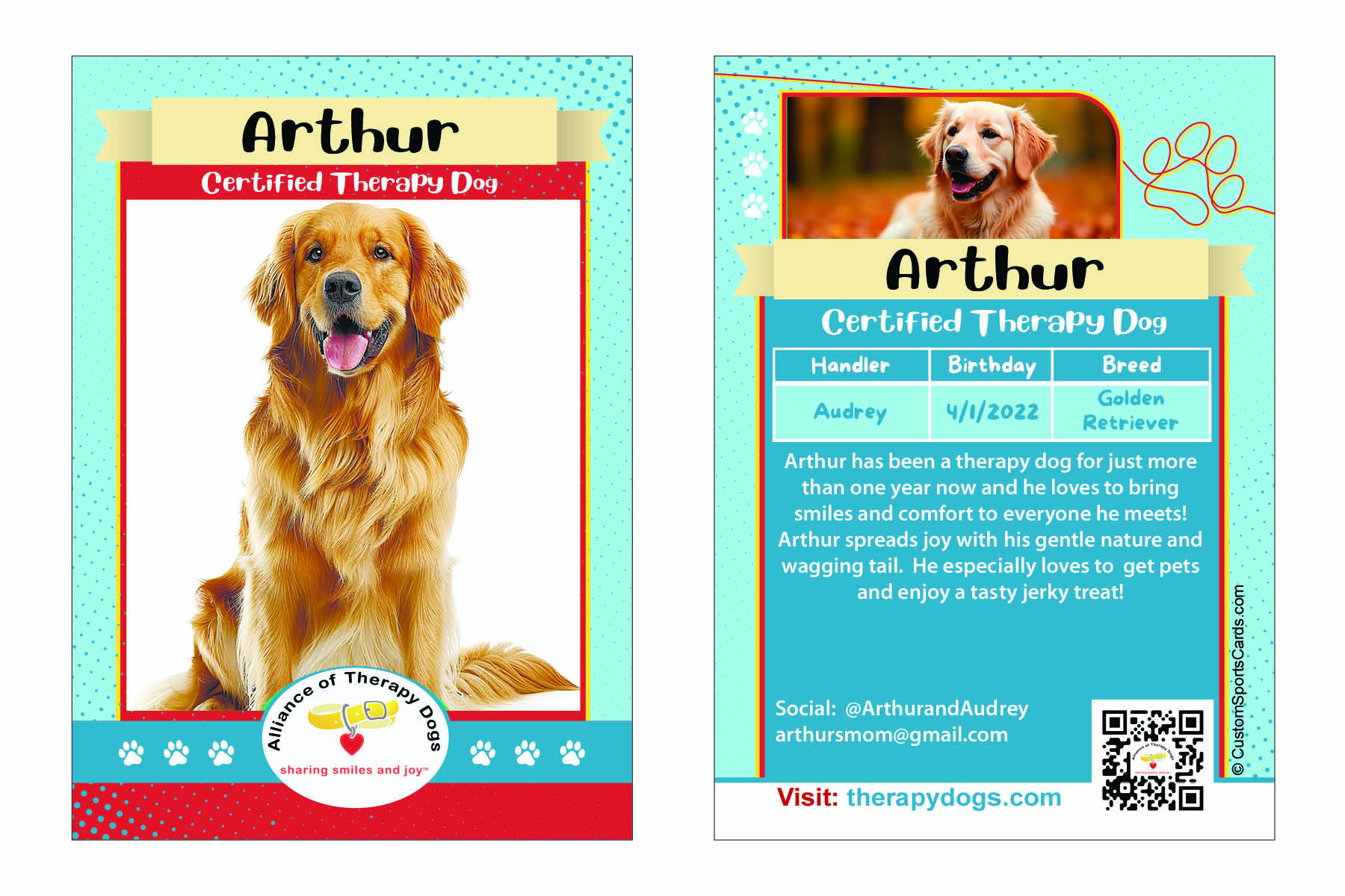 Image of custom trading card for Alliance of Therapy Dogs.