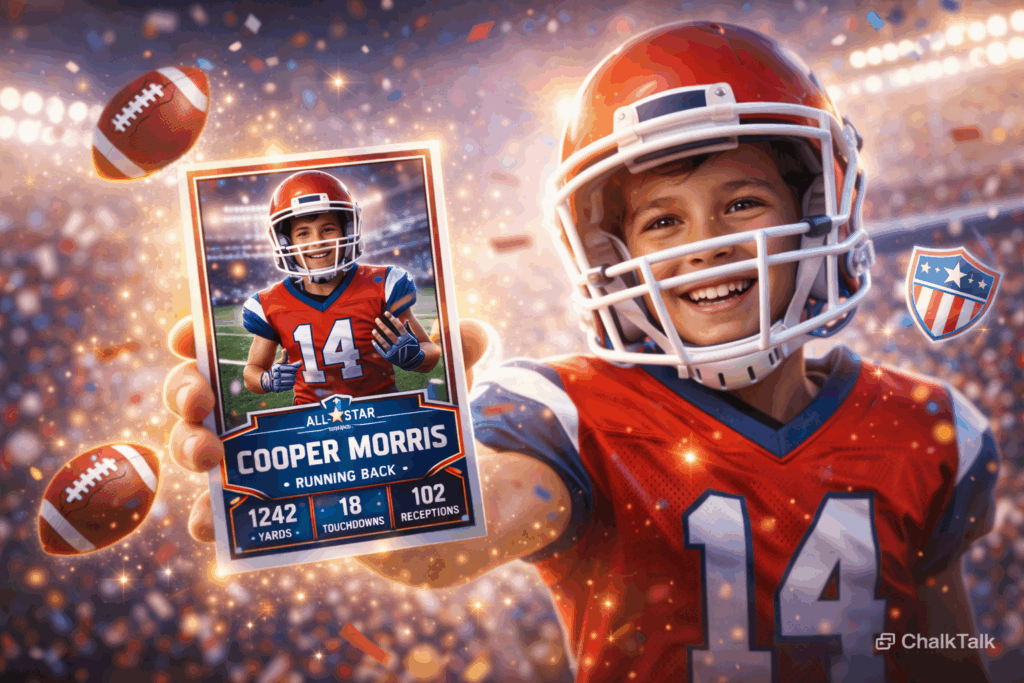 Athlete showing his custom football trading card 