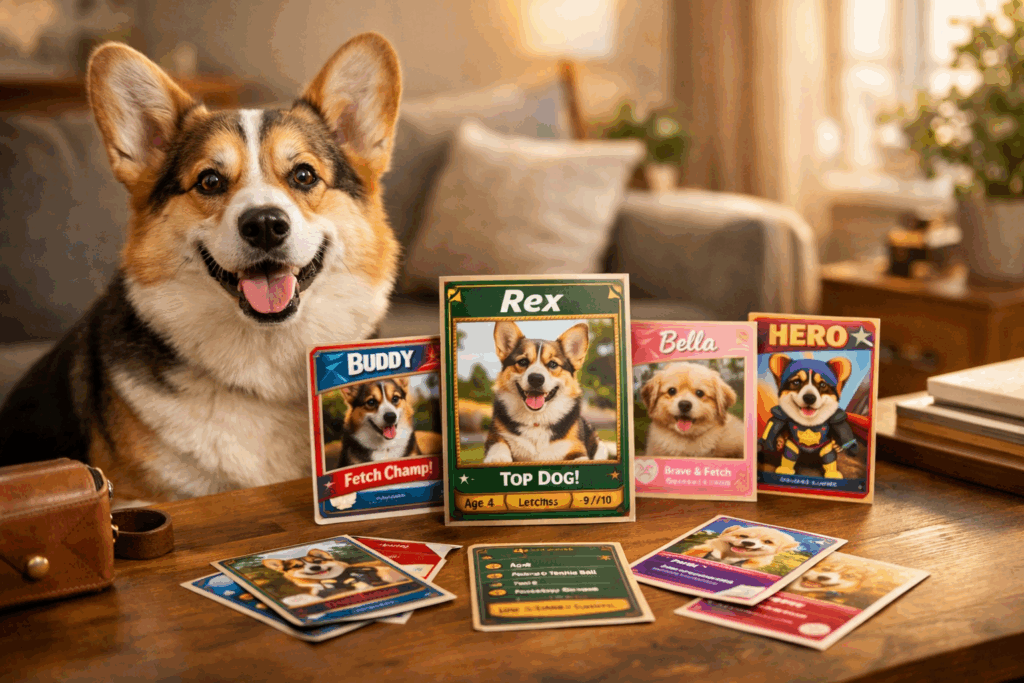 Dog with custom pet trading cards on a table