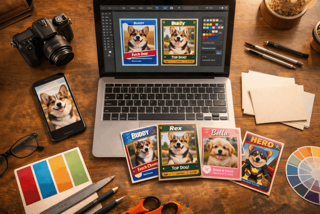 Workspace showing how pet trading cards are created