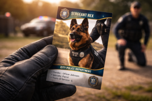 Police K9 hero trading card held in gloved hand