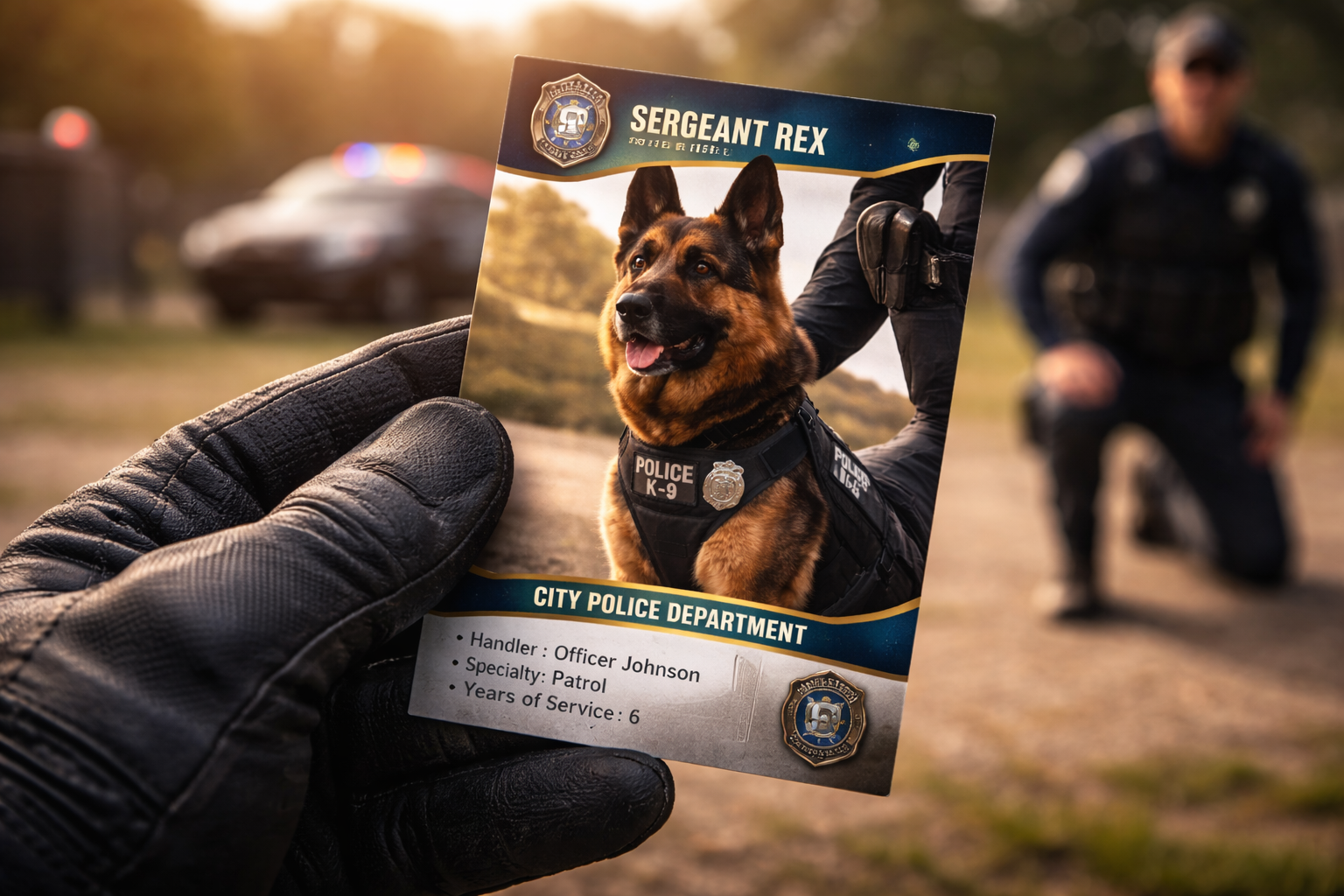 Police K9 hero trading card held in gloved hand