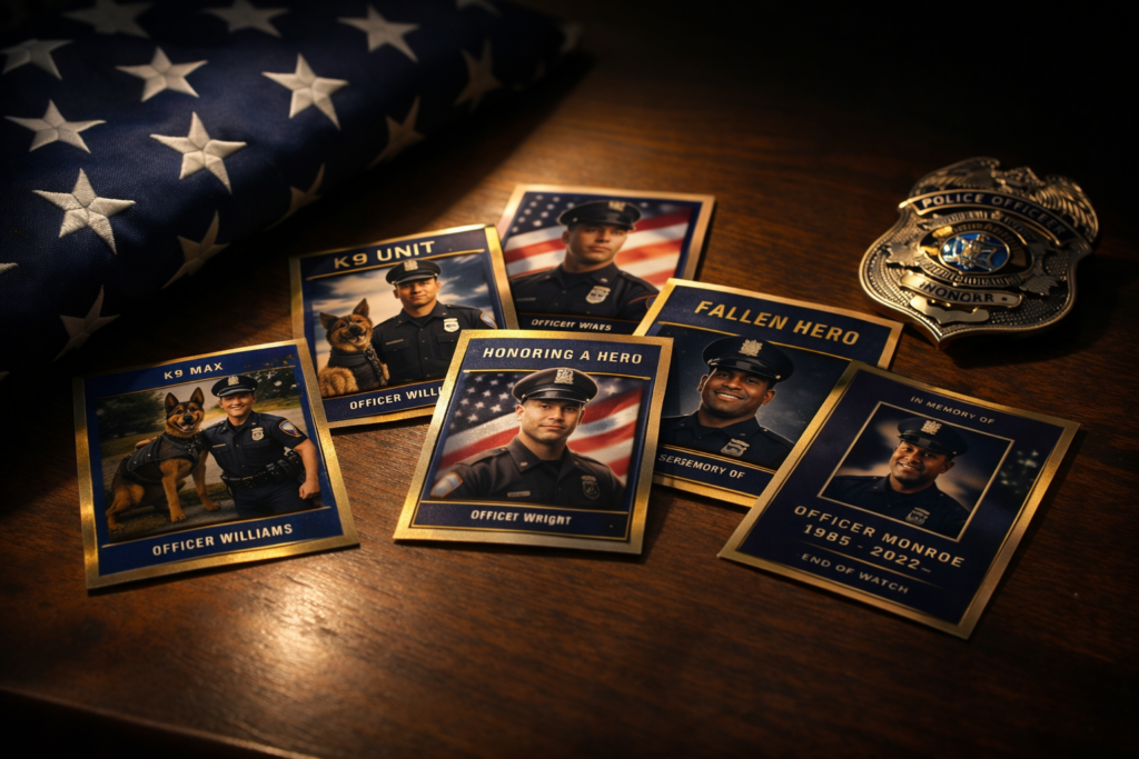 Police recognition cards with badge and folded flag tribute