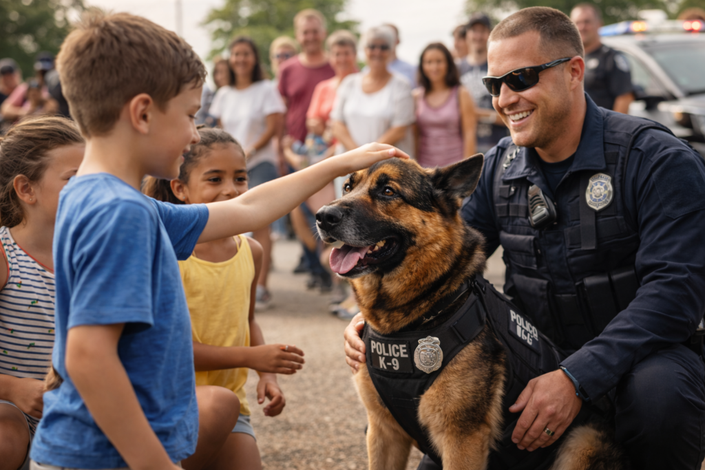 Friendly police K9 interacting with children