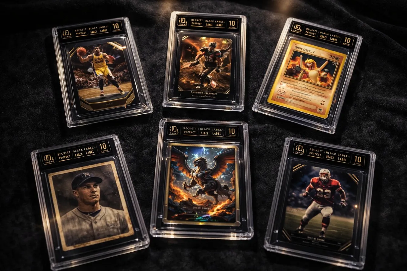 Six Beckett Black Label perfect 10 graded trading cards including basketball, baseball, football, and gaming cards displayed on a dark surface