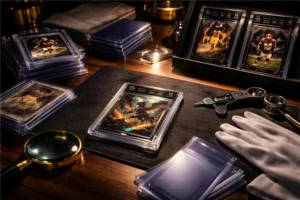 Beckett Black Label graded trading card being inspected on a mat surrounded by magnifying glass, white gloves, loupe, card sleeves, and football cards