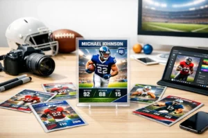 Custom personalized football trading card for player Michael Johnson displayed on a desk with football helmet, camera, laptop showing card design tool, and multiple football card designs