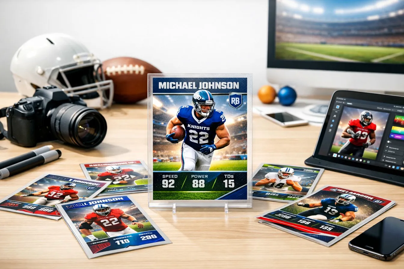 Custom personalized football trading card for player Michael Johnson displayed on a desk with football helmet, camera, laptop showing card design tool, and multiple football card designs