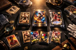 Most valuable sports trading cards laid out on a dark surface including baseball, basketball, football, soccer, and gaming cards with autographs and patch cards in protective cases