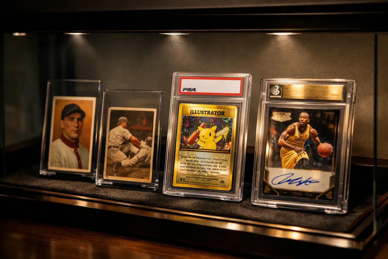 Graded trading cards displayed in a glass case including a PSA Pikachu Illustrator card, vintage baseball cards, and a basketball rookie autograph card
