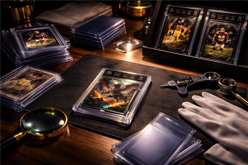 Professional card grading setup with magnifier gloves and stacked trading cards illustrating careful inspection process for achieving Beckett Black Label grade