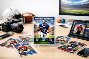 Custom football cards displayed on desk with camera, helmet, and digital design setup
