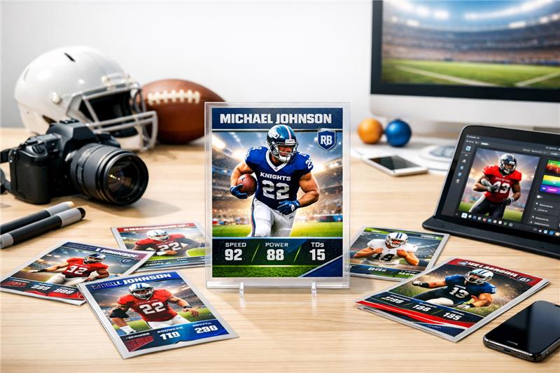 Custom football cards displayed on desk with camera, helmet, and digital design setup